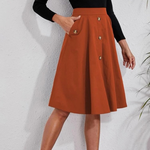 Classic Burnt Orange Button Detail Pocket Midi Skirt - Picture 7 of 16